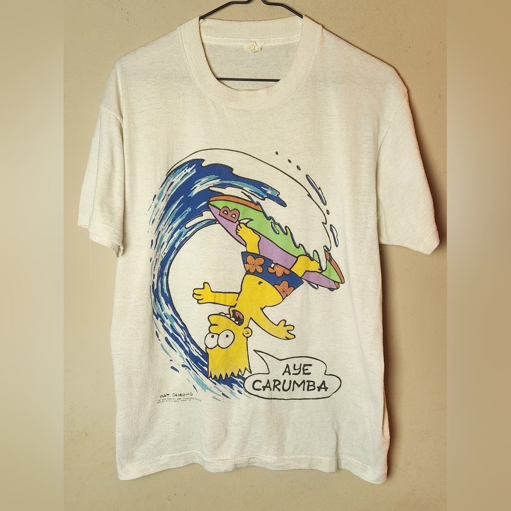 RARE The Simpsons Bart Simpson Surfboard 'Aye Carumba' Graphic Tee - 1990